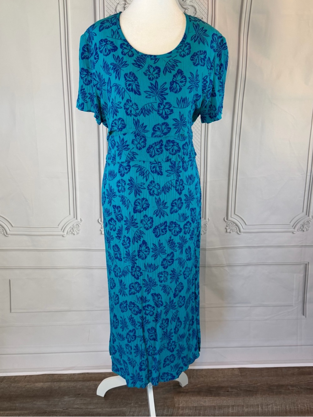 Karin Stevens Petites Vintage 90s Teal Tropical Leaf Print Dress Size 14 Tiered